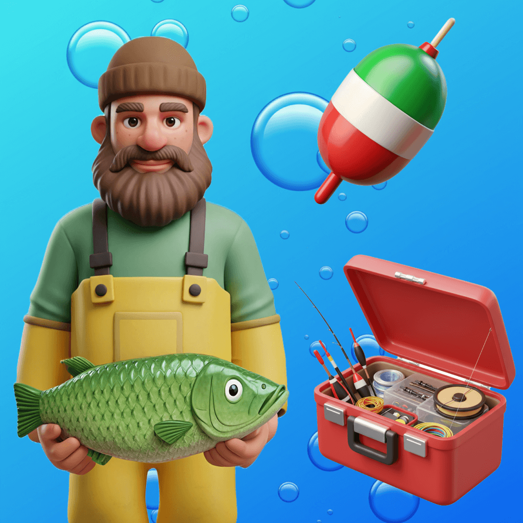 Biggie Pass Fishing Banality gameplay showing fisherman character with green fish